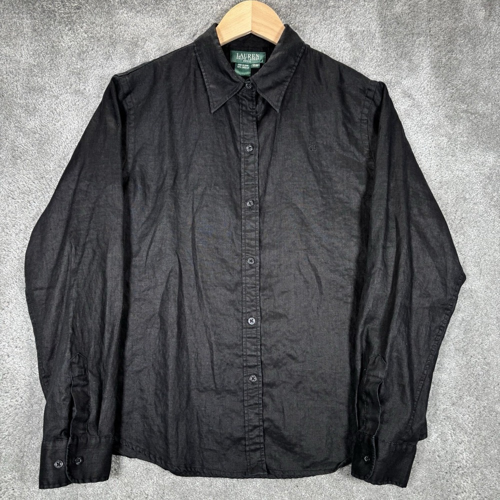 Lauren Ralph Lauren Shirt Womens Petite M Black 100% Linen Button‎ Front Relaxed